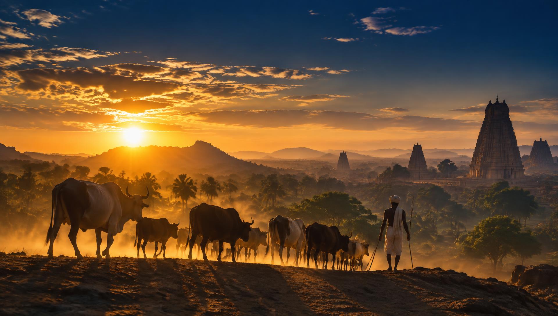 Golden-hour pastoral landscape with a herder, cattle and distant temple spires